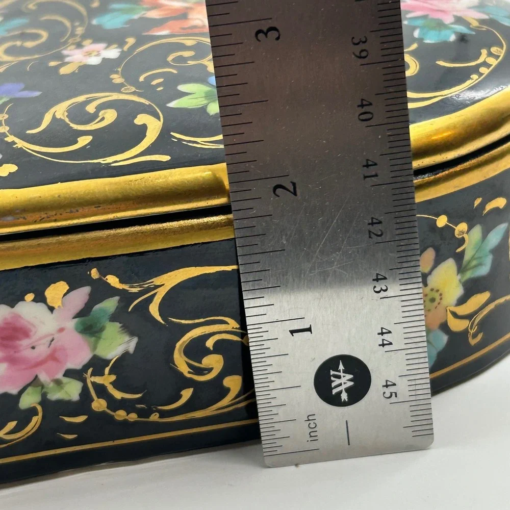 Vintage Handpainted Osborne Heart Box Trinket Box Gift Box Black Gold Floral